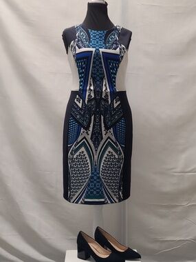 Muse Navy, Blue & White Geometric Midi Dress